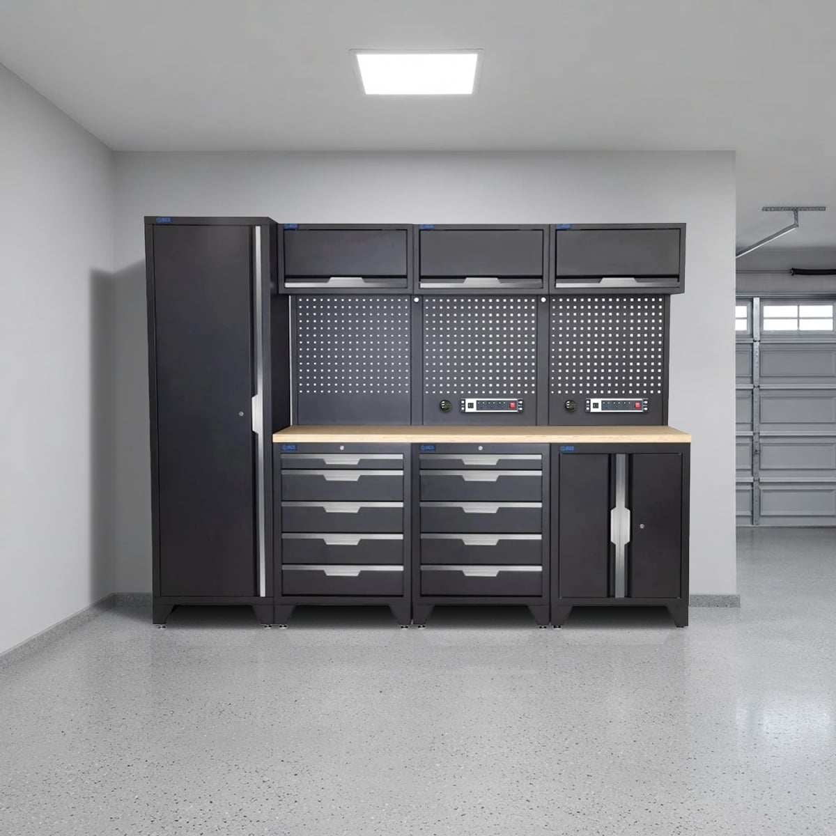SGS 10pc Modular Garage Storage | 10 Drawers | Plywood Worktop | Floor Cabinet | Tall Single Cabinet | 3x Upper Cabinets | 2x Pegboards with Power Strip